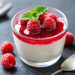 A rich and creamy panna cotta topped with a raspberry coulis and fresh raspberries, served in a clear glass dessert cup, Panna cotta centered