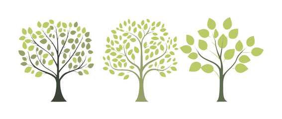 Obraz premium Set of tree and leaf collection hand drawn flat design vector element. botanical set of bare trees and ones with leaves and lush green