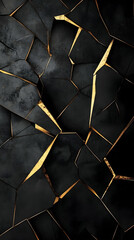 Sharp, fractured geometric patterns in black and gold, creating an angular, futuristic design on a dark backdrop