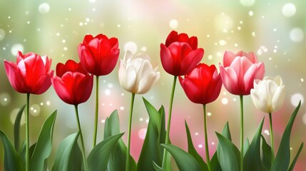 Bright red and white tulips stand tall against a dreamy, glowing bokeh background — romantic, springtime scene perfect for Mother’s Day, weddings, or celebratory designs.