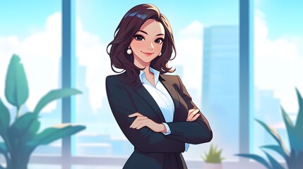 Smiling female character in a professional office outfit, conveying elegance and confidence