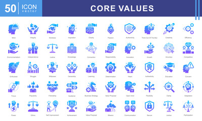 Core Values icon collection set. Containing acceptance, achievement, adaptability, authenticity, autonomy, balance, badness icon.