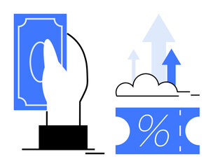 Hand holding money next to a percentage sign and arrows pointing upward. Ideal for finance, investment, savings, business growth, economic analysis, profitability, market trends concepts. Simple