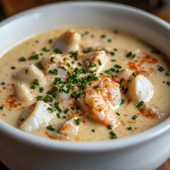 A rich and creamy seafood chowder with chunks of fish and shrimp, served in a white ceramic bowl, Chowder centered with a sprinkle of fresh chives