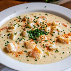 A rich and creamy seafood chowder with chunks of fish and shrimp, served in a white ceramic bowl, Chowder centered with a sprinkle of fresh chives