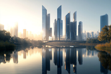 Fototapeta premium Sunny city skyskrapers' reflection, a futuristic architectural
