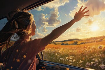A joyful girl rides in a car, her hand reaching out of the window as sunlight streams through the countryside.