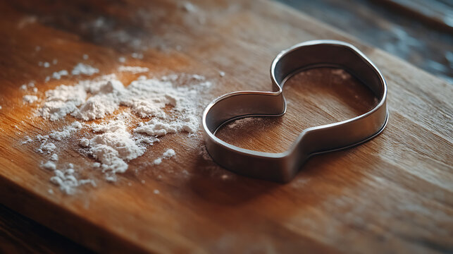 A heart-shaped cookie cutter on a wooden cutting board with scattered flour 