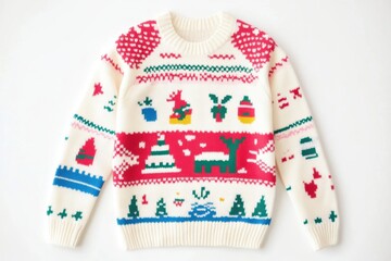 Cozy cream Christmas sweater with festive red and green patterns — featuring reindeer, trees, gifts, and snowflakes — perfect for holiday warmth and cheerful winter celebrations.