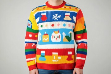 Vibrant rainbow-striped Christmas sweater with playful holiday icons — snowflakes, stockings, cats, and gifts — bold, fun design perfect for festive celebrations or ugly sweater parties.