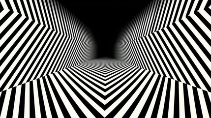 A tunnel-like space created with black and white zigzag patterns, creating a sense of depth.