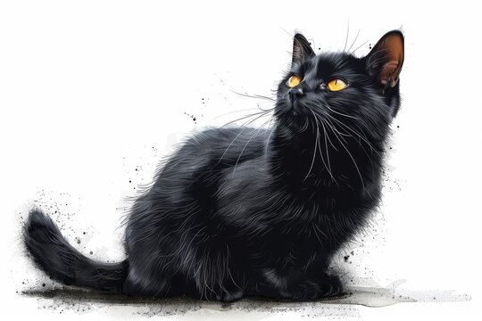 A sleek black cat with piercing yellow eyes sits alertly, its gaze fixed upwards. The artistic splashes add a dynamic touch.