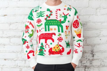 Ugly Christmas Sweater - A person wears a festive white Christmas sweater featuring playful red and green holiday designs — reindeer, trees, candy canes, and gifts — against a rustic brick wall.