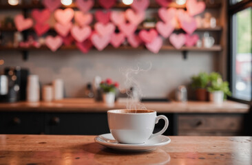 Fototapeta premium the interior of a coffee shop with an interior in the trendy mocha mousse color, decorated with a large number of small pink hearts, for Valentine's Day.