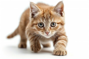 Obraz premium A playful ginger kitten stalks towards the camera with a determined expression, full of energy and curiosity.