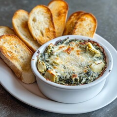 A rich and creamy spinach and artichoke dip with toasted baguette slices, served on a white plate,...