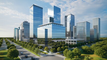Obraz premium Modern city skyline, aerial view, green spaces, urban development, architectural design