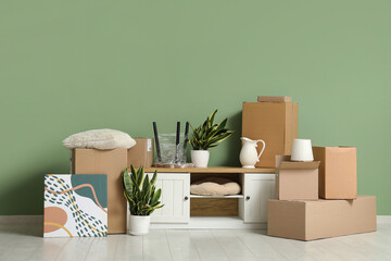 White cabinet, houseplants and cardboard boxes near green wall. Moving house concept
