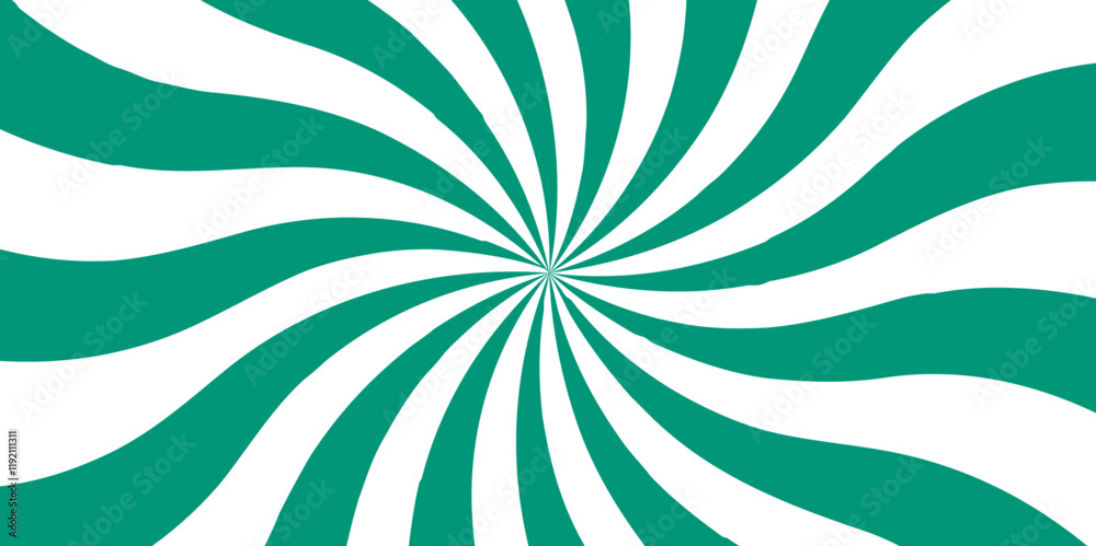 Poster Abstract background with rays retro starburst. Green and white twisted swirl. Spiral radial striped backdrop design. Ray stripes Funky ray elements, circle motifs, reminiscent of circus themes.   