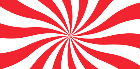 Abstract background with rays retro starburst. Red and white twisted swirl. Spiral radial striped backdrop design. Ray stripes Funky ray elements, circle motifs, reminiscent of circus themes.   