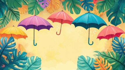 Colorful umbrellas float among tropical leaves against a warm sunset sky — vibrant, cheerful, and perfect for summer, travel, or vacation-themed designs.