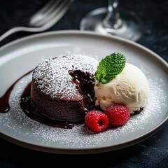 A rich and indulgent molten chocolate lava cake with a gooey center, served with a scoop of vanilla ice cream and a fresh raspberry, Cake centered