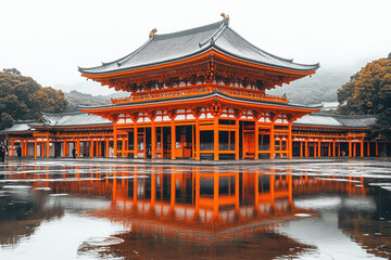 Fototapeta premium A traditional Asian temple with vibrant orange architecture, reflecting beautifully in a serene water body, surrounded by lush nature and misty mountains.