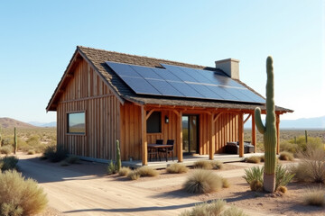 Naklejka premium A rustic wooden house with solar panels installed on the roof, located in a desert landscape with cacti nearby.