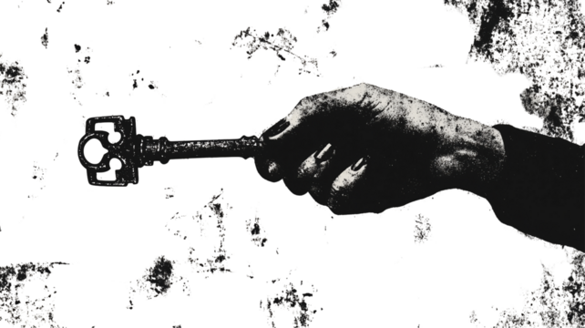 Detailed female hand and vintage key with grunge halftone styling, isolated on transparent background.