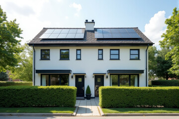 A modern duplex with solar panels on each unit’s roof, surrounded by neatly trimmed hedges and trees.