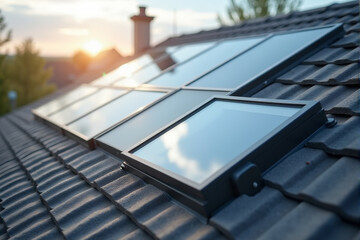 Fototapeta premium A close-up of a roof with both solar panels and a skylight, showing the house’s energy-efficient design.