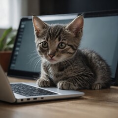 A kitten watching a video on a laptop, its head tilted in curiosity.