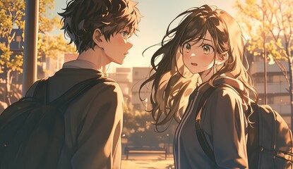 An adult male with brown hair in black long sleeves faces the female protagonist in close-up from outside their school gate at noon, with city buildings in the background and rich facial expressions