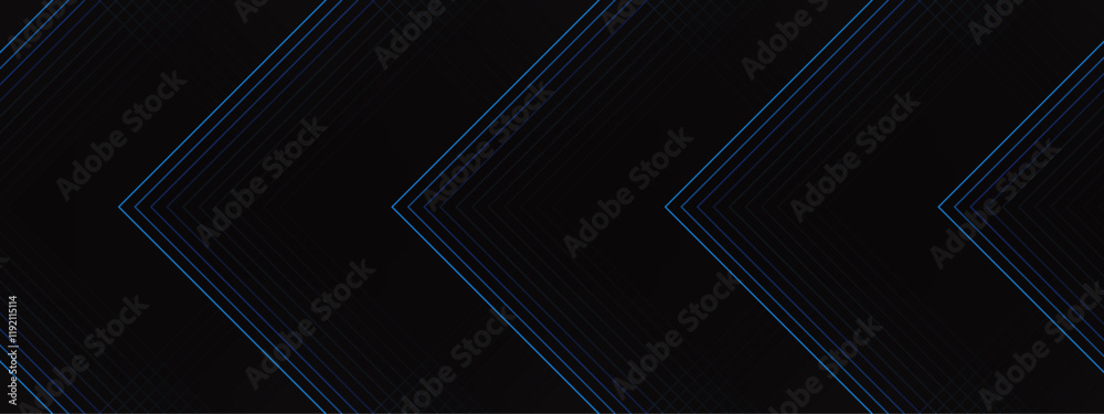Poster Abstract Chevron Pattern with Subtle Blue Highlights on Black Background. Futuristic and Minimalist Linear Design. Blue and black vector 3D technology futuristic glow with line