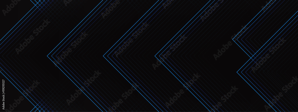 Poster Abstract Chevron Pattern with Subtle Blue Highlights on Black Background. Futuristic and Minimalist Linear Design. Blue and black vector 3D technology futuristic glow with line