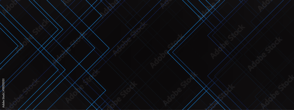 Poster Abstract Chevron Pattern with Subtle Blue Highlights on Black Background. Futuristic and Minimalist Linear Design. Blue and black vector 3D technology futuristic glow with line