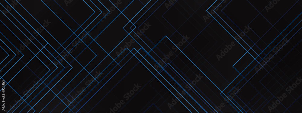 Poster Abstract Chevron Pattern with Subtle Blue Highlights on Black Background. Futuristic and Minimalist Linear Design. Blue and black vector 3D technology futuristic glow with line