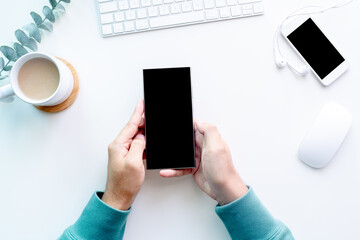 Top View of Modern Workspace on white background. Flat lay concept business design, top view office table desk.