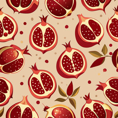 Seamless Pomegranate Pattern Featuring Whole Fruits, Halves, and Scattered Seeds in Rich Red Tones Seamless Pattern Texture