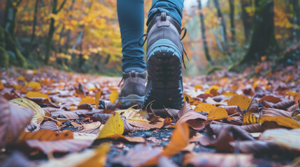 Fototapeta premium Walking on peaceful hiking trail surrounded by autumn leaves
