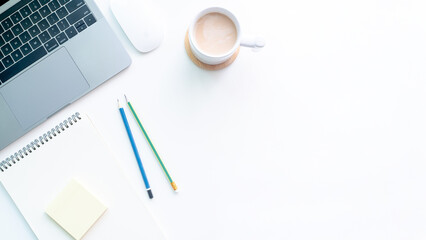 Top View of Modern Workspace on white background. Flat lay concept business design, top view office table desk.