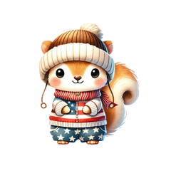 Obraz premium A cute, cartoonish squirrel wearing a cozy winter hat and a colorful outfit adorned with stars and stripes.