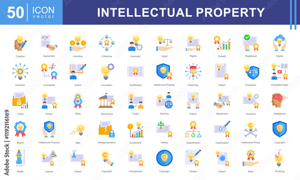 Sticker Intellectual Property icon collection set. Containing human intelligence, innovation, creation, idea, ip, legal, invention, certification, patent icon.