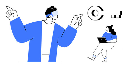 Person wearing VR headset pointing upward, another individual seated using a laptop, and a large key symbol. Ideal for technology, VR experiences, education, business solutions, digital security