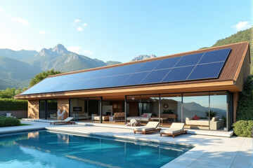 Fototapeta premium A luxurious villa with expansive solar panels on a sloped roof, a swimming pool in the foreground, and a mountainous backdrop.