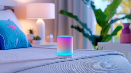 Smart color-changing LED nightlight on bedroom nightstand.