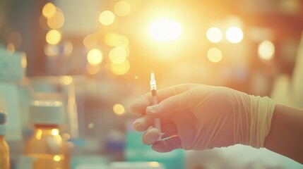 Injection Preparation: Hand in Medical Glove Holds Syringe with Bokeh Background