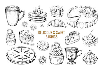 Hand drawn cake. Bakery dessert sketch. Handmade pastry like tart, cream pie or cheesecake. Coffee cup. Pancakes with topping. Engraving delicious muffins. Vector baking confectioneries set