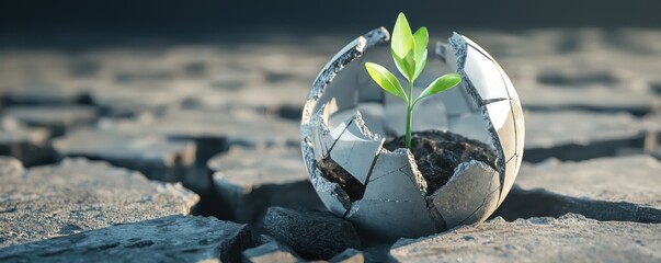 Conceptual illustration of a cracked earth globe sprouting green plants hope for renewal environmental conservation symbolism