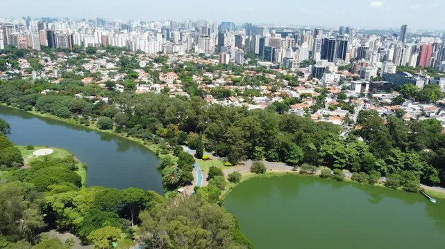 Fly above the Ibirapuera Park in Sao Paolo, one of the most popular public parks in Brazil.
